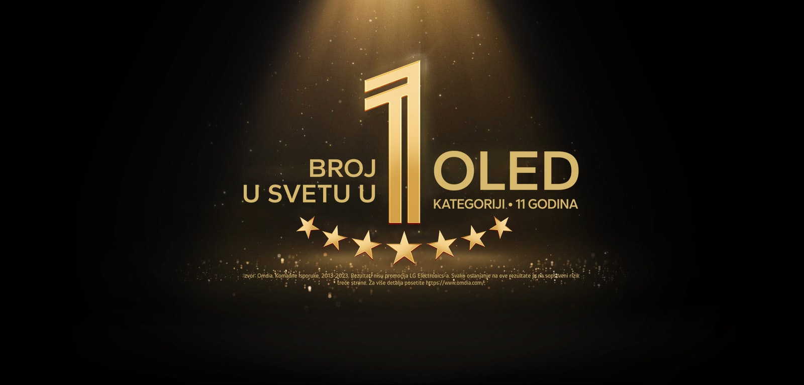 Zlatni amblem OLED televizora koji je već 11 godina broj 1 u svetu, na crnoj pozadini. Svetlo obasjava amblem, a zlatne apstraktne zvezde ispunjavaju prostor.  