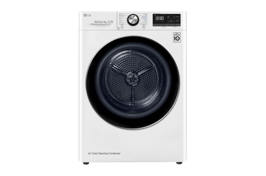 LG 9 kg, Eco Hybrid™ DUAL inverter toplotna pumpa za sušenje, kondenzator sa automatskim čišćenjem, ThinQ™, WiFi funkcija, Prednja strana, RC90V9AV2Q