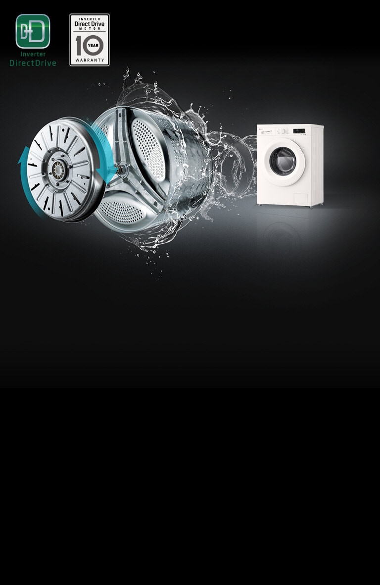 LG Inverter Direct Drive motor i bubanj mašine sa prskanjem vode, ističući manju buku i vibracije.