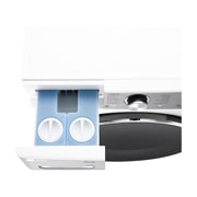 LG 13/7 kg, max. 1400 obrtaja/min., Kombinovana mašina za pranje veša sa parom, TurboWash™360, AI DD™ tehnologija, WiFi funkcija, Pogled odozgo u perspektivi sa otvorenim otvorom za deterdžent, F4DR913P3WA, thumbnail 7