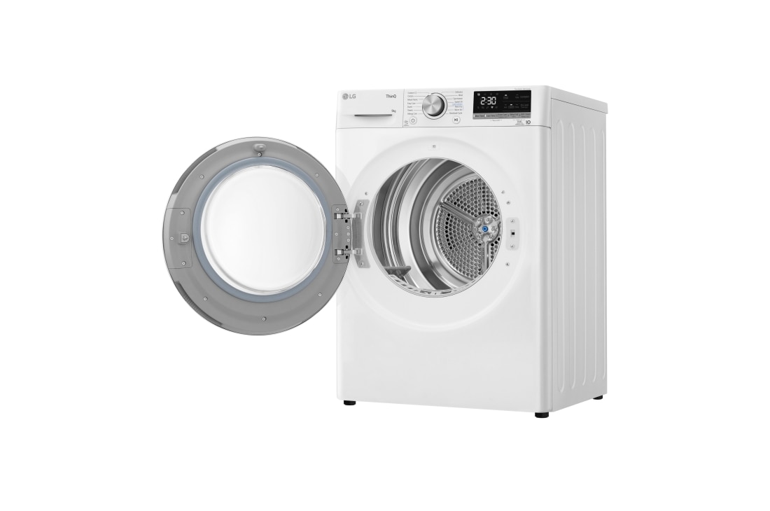 LG 9 kg, Eco Hybrid™ DUAL inverter toplotna pumpa za sušenje, kondenzator sa automatskim čišćenjem, ThinQ™, WiFi funkcija, Pogled sa desne strane sa otvorenim vratima, RH90V9AV4N, thumbnail 12