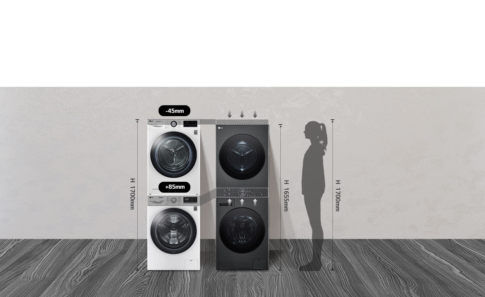 Slika pokazuje razlike u veličini između LG WashTower-a i tradicionalne mašine za pranje i sušenje veša.