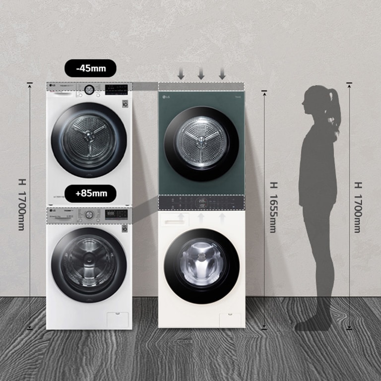 Slika pokazuje razlike u veličini između LG WashTower-a i tradicionalne mašine za pranje i sušenje veša.
