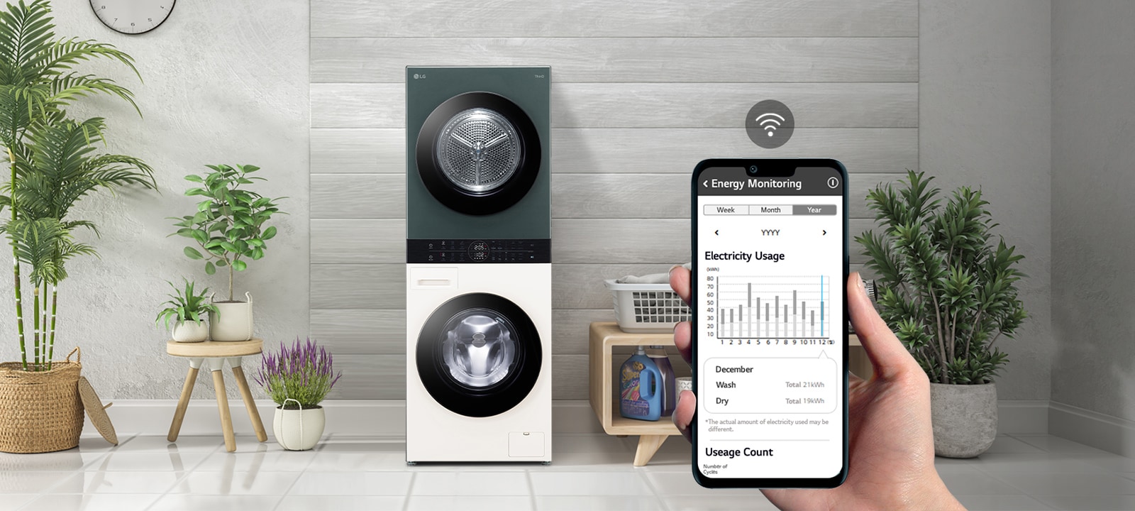 Dve slike su prikazane jedna pored druge. Jedan prikazuje status programa pranja u ThinQ aplikaciji na ekranu mobilnog telefona na pozadini ulice, drugi prikazuje VashTover u kućnom okruženju.