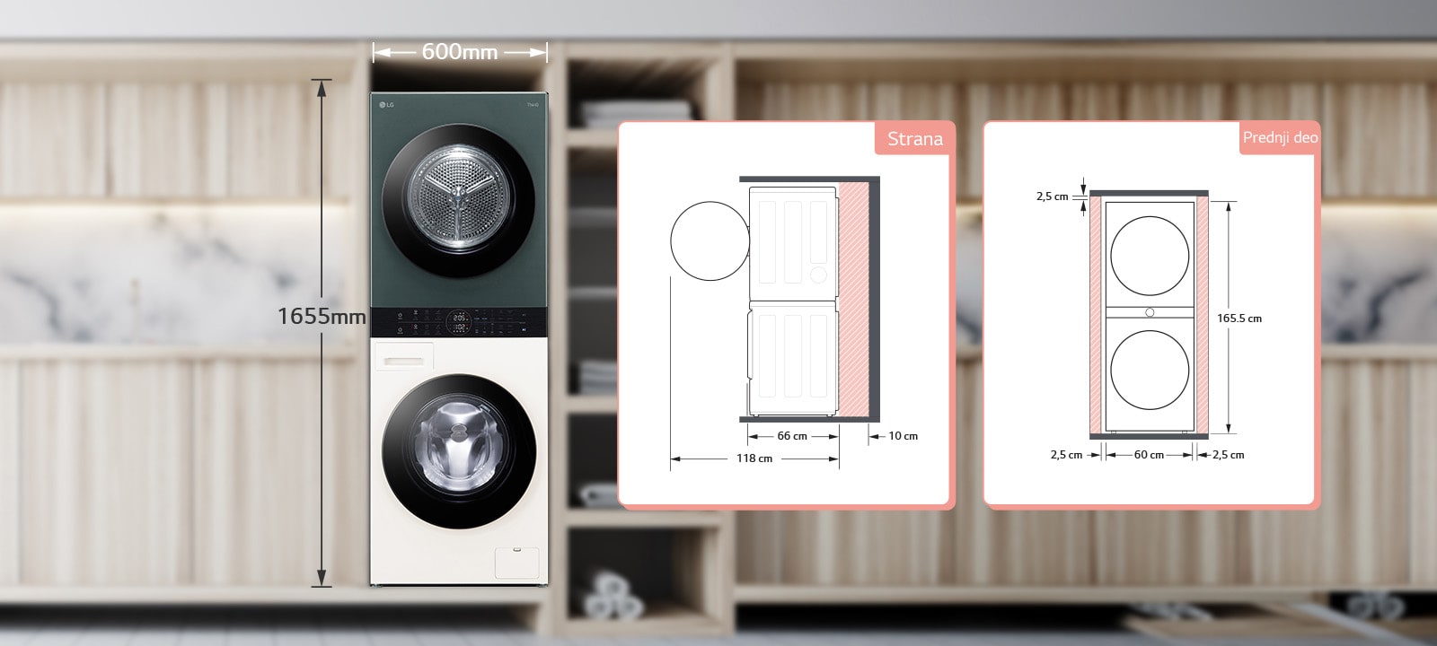 Na slici je prikazan dizajn prostora potrebnog za ugradnju WashTower-a. Potrebno je rastojanje od 10 cm pozadi i 2,5-2,5 cm sa svake strane.