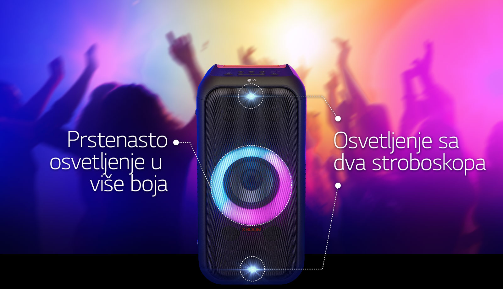 Prikaz zvučnika sa prednje strane. Postoji red sa informacijama o osvetljenju. Na vrhu i dnu je osvetljenje sa dva stroboskopa. U sredini je uključeno prstenasto višebojno osvetljenje sa nijansiranom ružičastom i azurnom bojom.