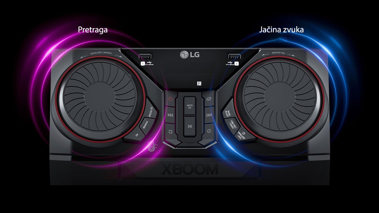 Prikaz uređaja CK43N odozgo. Oko dva joga su roze i plavi neonski grafički elementi. Levi jog vam omogućava da pretražujete muziku, a desni da kontrolišete jačinu zvuka.