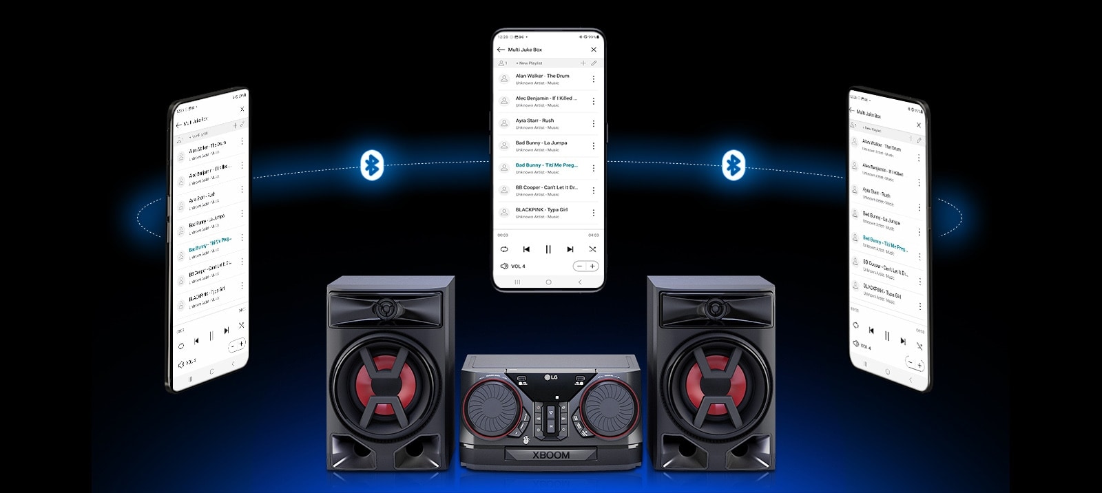 Pametni telefon na uređaju LG XBOOM CK43N s dva druga pametna telefona koja plutaju oko njega. Između pametnih telefona se vidi Bluetooth logotip.