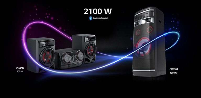 Levo je dijagonalna slika uređaja LG XBOOM CK43N, a desno je dijagonalna slika uređaja OK99M. Neonska grafika povezuje dva proizvoda, a zajedno daju zvuk jačine 2100 W.
