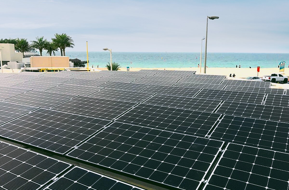 A solar panel set up, with blue sky in the background. LG are working towards a more solar, and sustainable, future | More at LG MAGAZINE