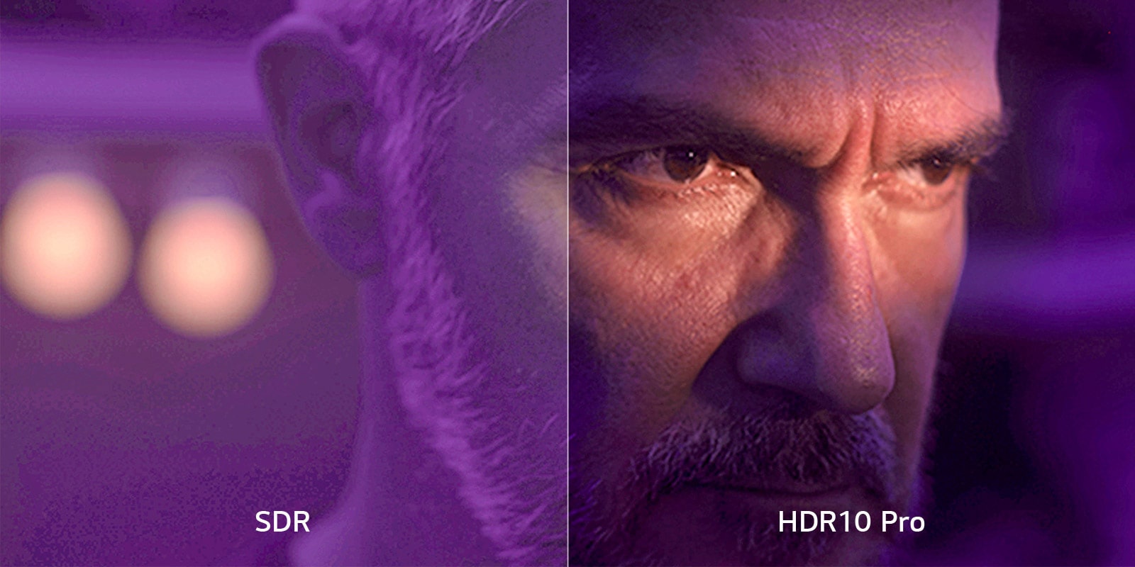На разделенном экране крупным планом показано лицо мужчины в затемненной комнате с фиолетовыми оттенками. Слева отображается «SDR», а изображение размыто. Справа отображается «HDR10 Pro», а изображение четкое и резко очерченное.