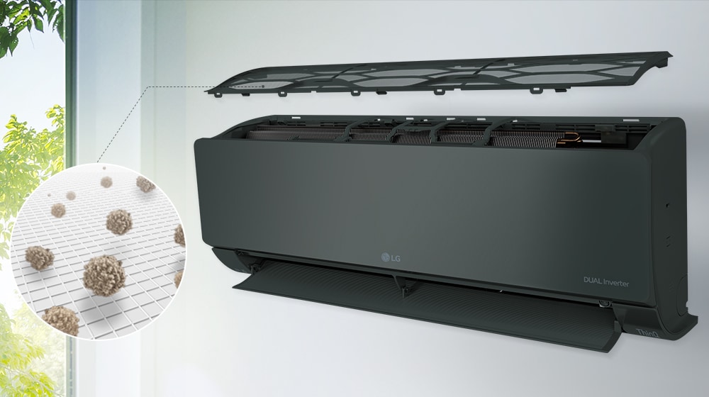 Кондиционер LG установлен на стене и виден сбоку. Вверху отображается верхняя панель