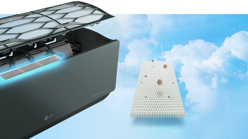 Кондиционер LG показан с открытой верхней частью, обнажающей внутренние компоненты.
