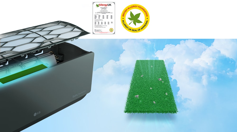 Показан кондиционер сбоку с фильтрами над ним, чтобы продемонстрировать установленный внутри фильтр