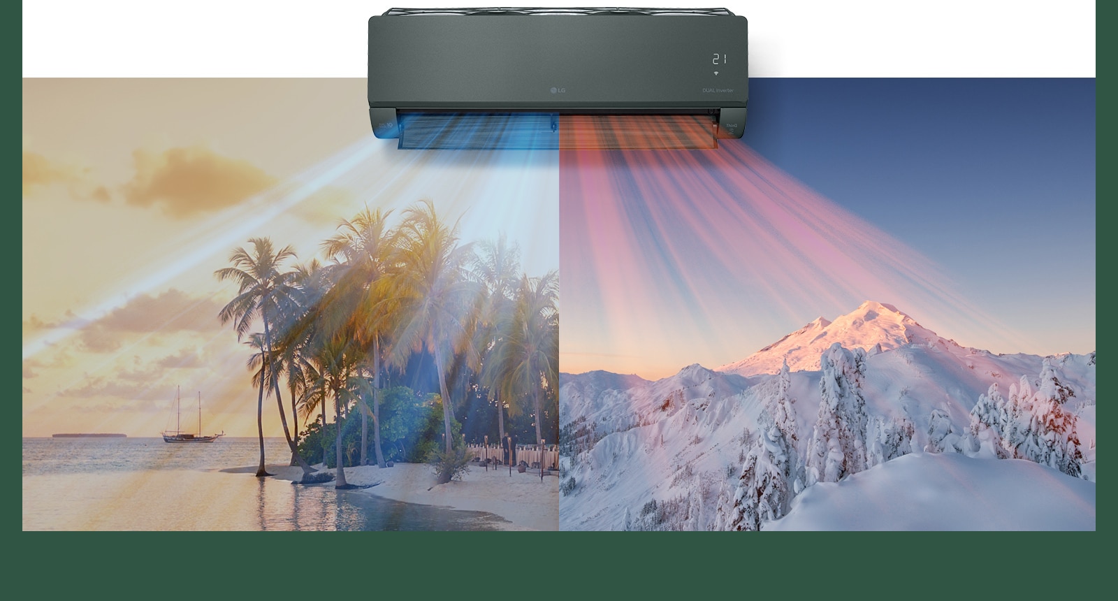 Кондиционер LG показан по центру изображения вверху. Под ним находятся изображения: с жарким пляжем и горой.