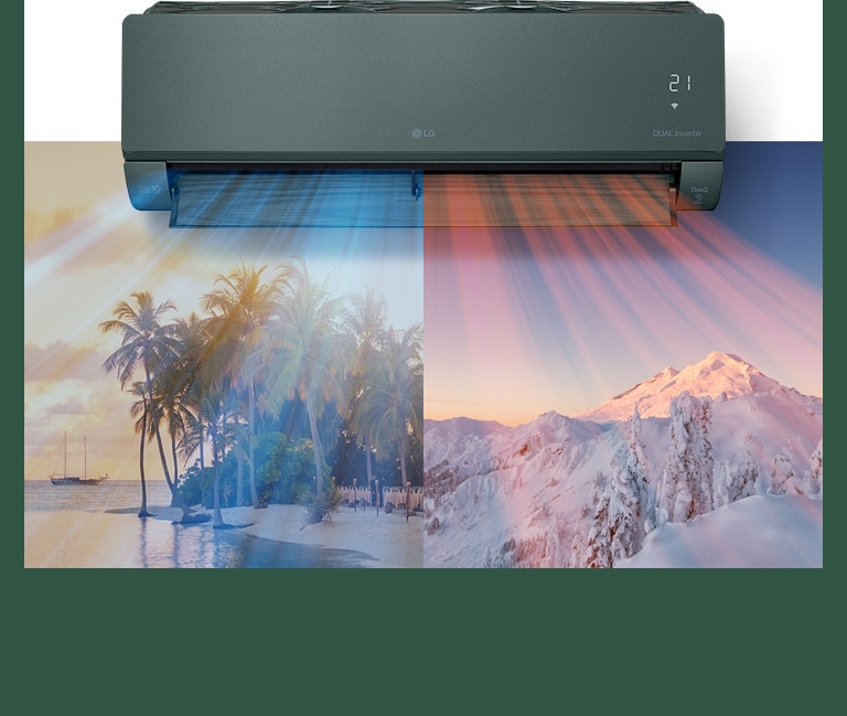 Кондиционер LG показан по центру изображения вверху. Под ним находятся изображения: с жарким пляжем и горой.