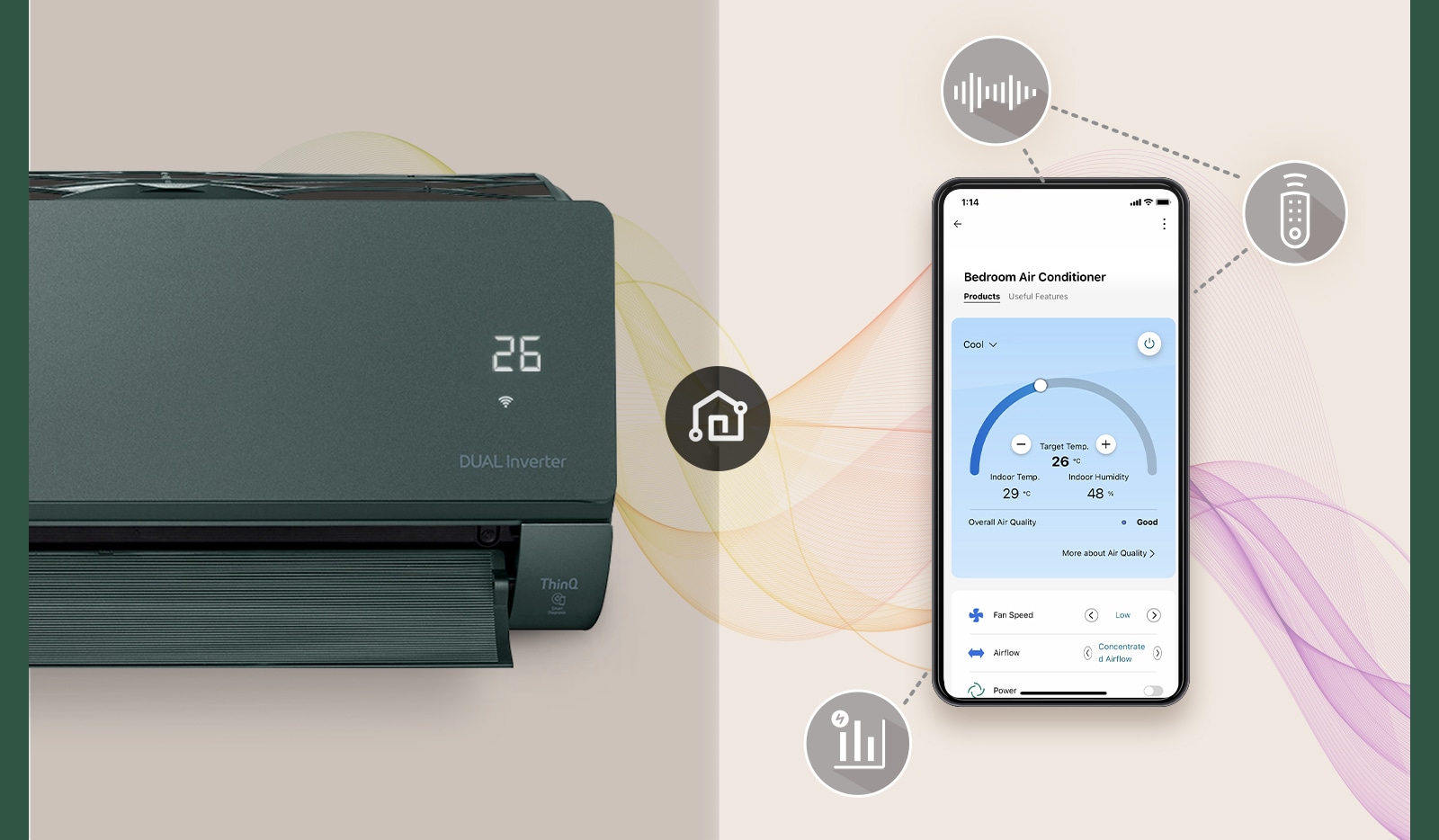 На этом изображении показан смартфон с кондиционером ARTCOOL и экраном приложения ThinQ.