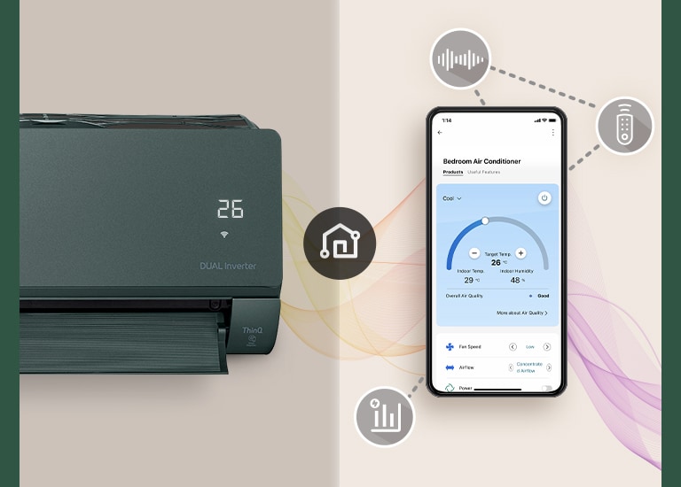 На этом изображении показан смартфон с кондиционером ARTCOOL и экраном приложения ThinQ.