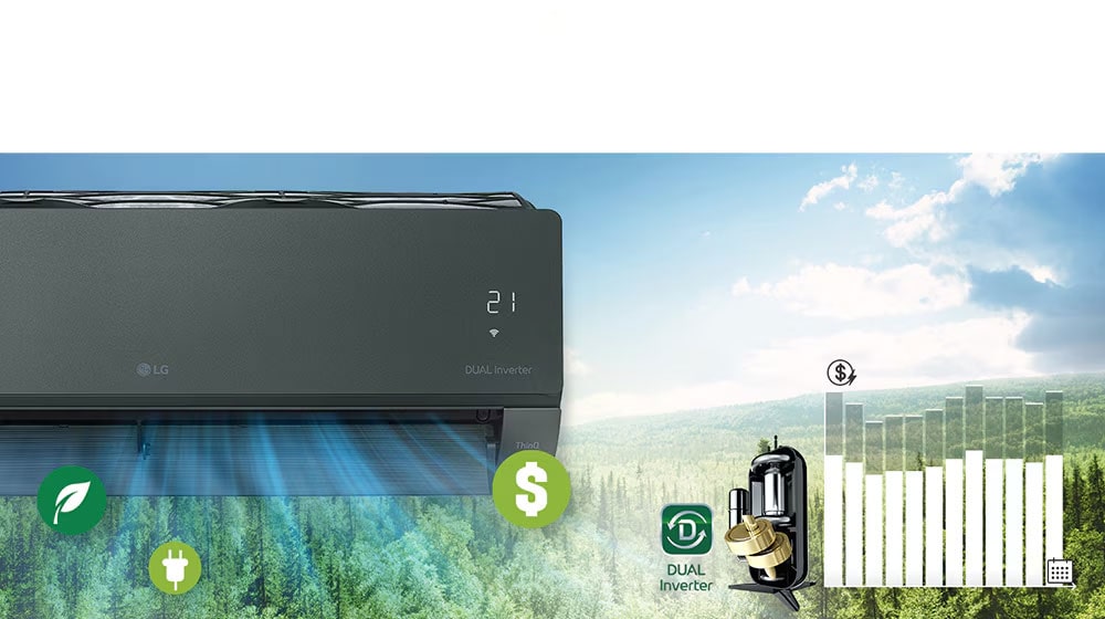 На заднем плане виден лесной пейзаж, а сбоку — половина кондиционера LG.