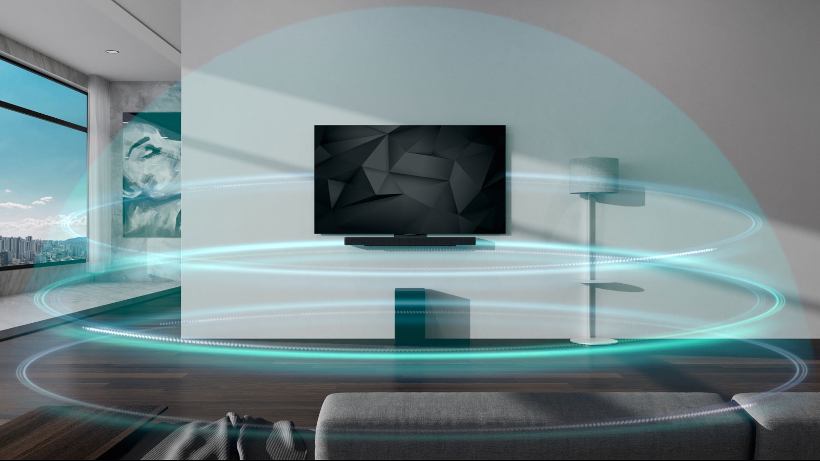 Синие куполообразные трехслойные звуковые волны покрывают саундбар и телевизор, закрепленные на стене в гостиной.