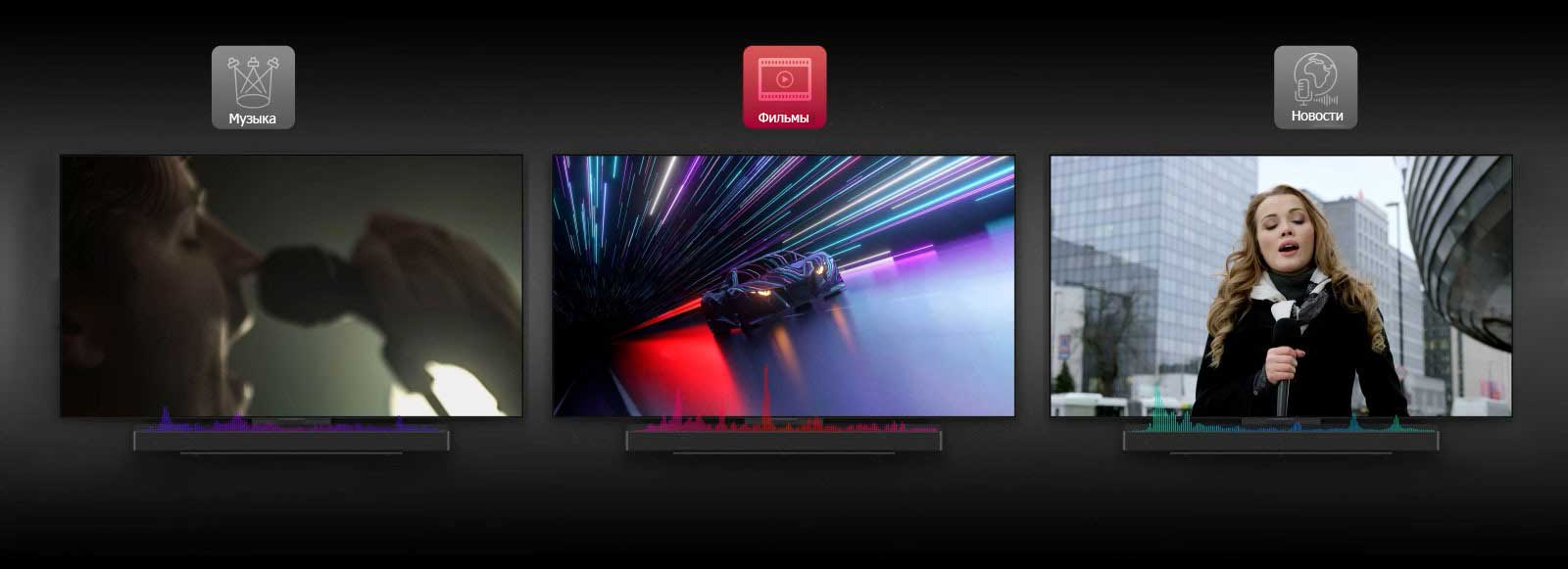 Анимационный видеоролик, иллюстрирующий технологию AI Sound Pro. Сначала на экране демонстрируется видео с гоночным автомобилем под разноцветными огнями и красные звуковые волны ниже посередине. Затем сцена меняется и на экране демонстрируется певец с микрофоном на темно-зеленом фоне, а ниже слева показаны звуковые волны в оттенках от синего до фиолетового. И, наконец, справа показана женщина-диктор с микрофоном, стоящая перед зданиями, с зелеными звуковыми волнами внизу.