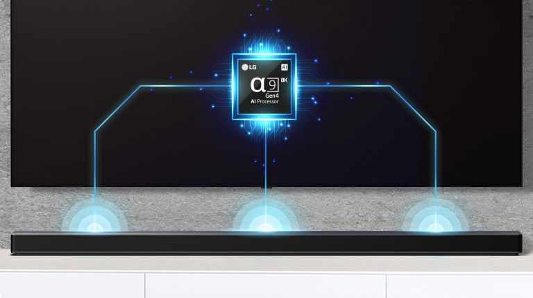 На телевизоре показано изображение чипа Alpha 9, под телевизором расположен саундбар. Кроме того, на изображении также показано графическое изображение волн звука, исходящих от саундбара.