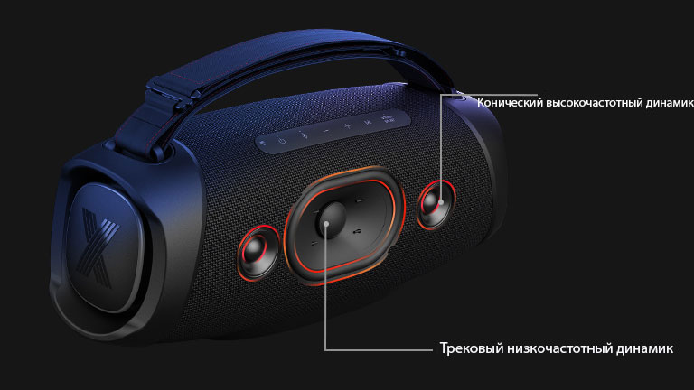 Вид по диагонали LG XBOOM Go XG8T, демонстрирующий ее низкочастотный динамик трекового типа и купольный высокочастотный динамик.