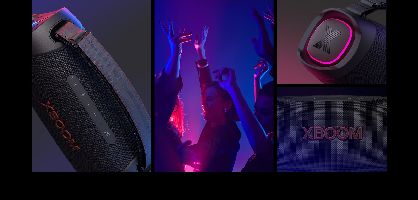 Колледж. Крупный план LG XBOOM Go XG8T с левой стороны. Далее — изображение людей, наслаждающихся музыкой. Справа сверху вниз: крупный план колонки с розовой подсветкой и логотипом XBOOM.