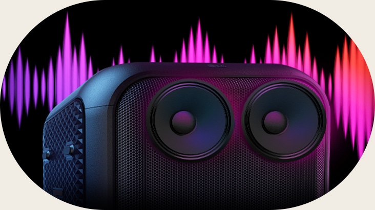 Крупный план 2,5-дюймовых купольных твитеров на фоне графики, отображающей высокие частоты. Размер твитеров увеличен в дизайнерских целях. На заднем плане эквалайзер звука.