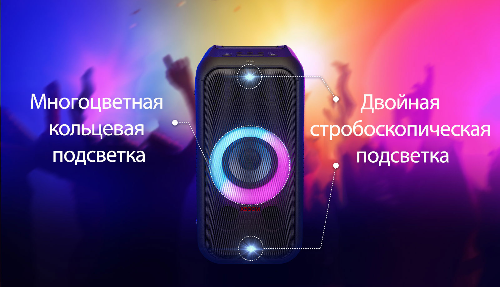 Вид на колонку спереди. Линиями обозначены элементы подсветки. Вверху и внизу — двойная стробоскопическая подсветка. В центре — многоцветная кольцевая подсветка с градиентом розового и бирюзового цветов