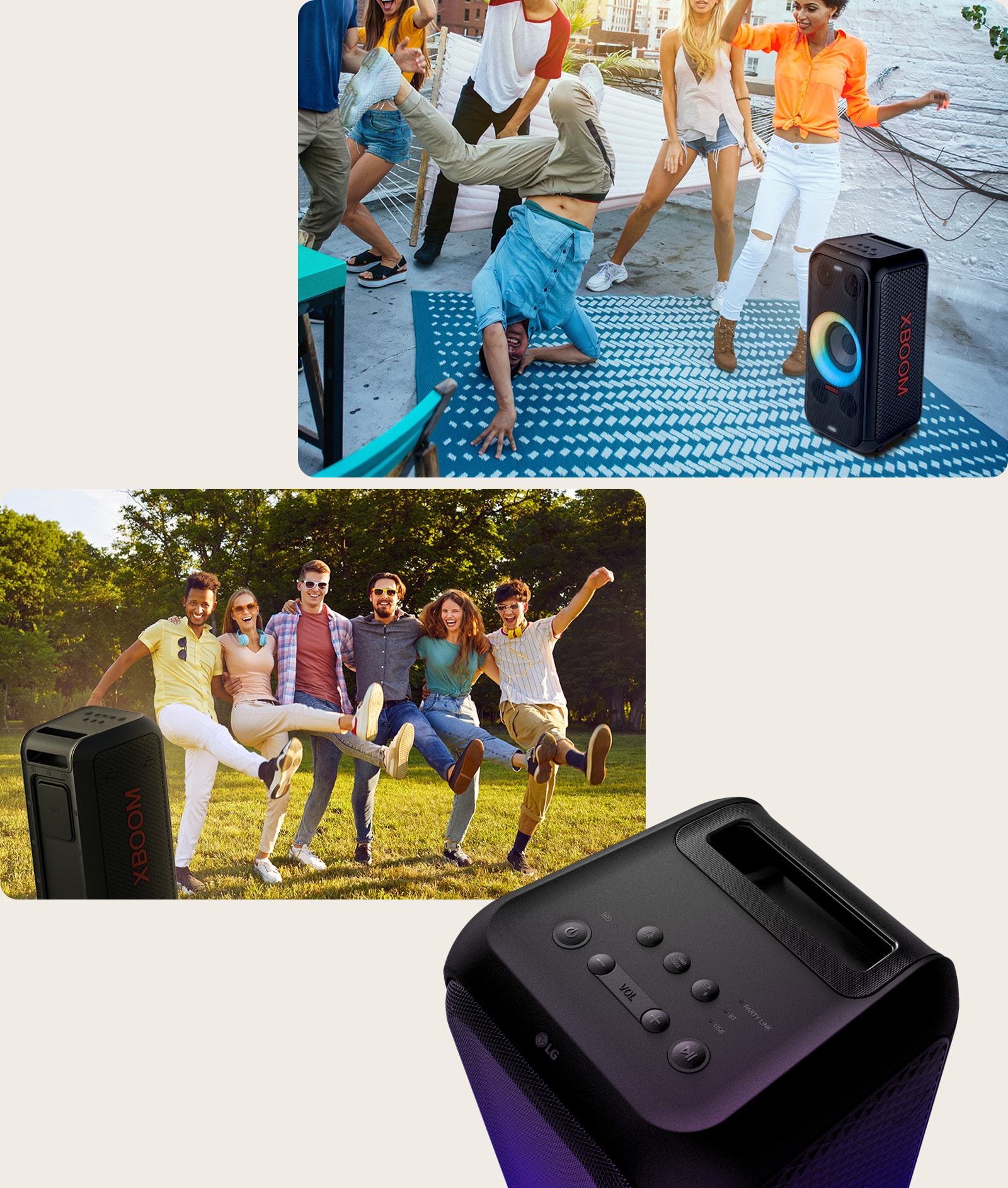 Сверху вниз: люди танцуют вокруг колонки. В парке группа людей наслаждается музыкой с помощью колонки. Последнее изображение — крупный план верхней части продукта.