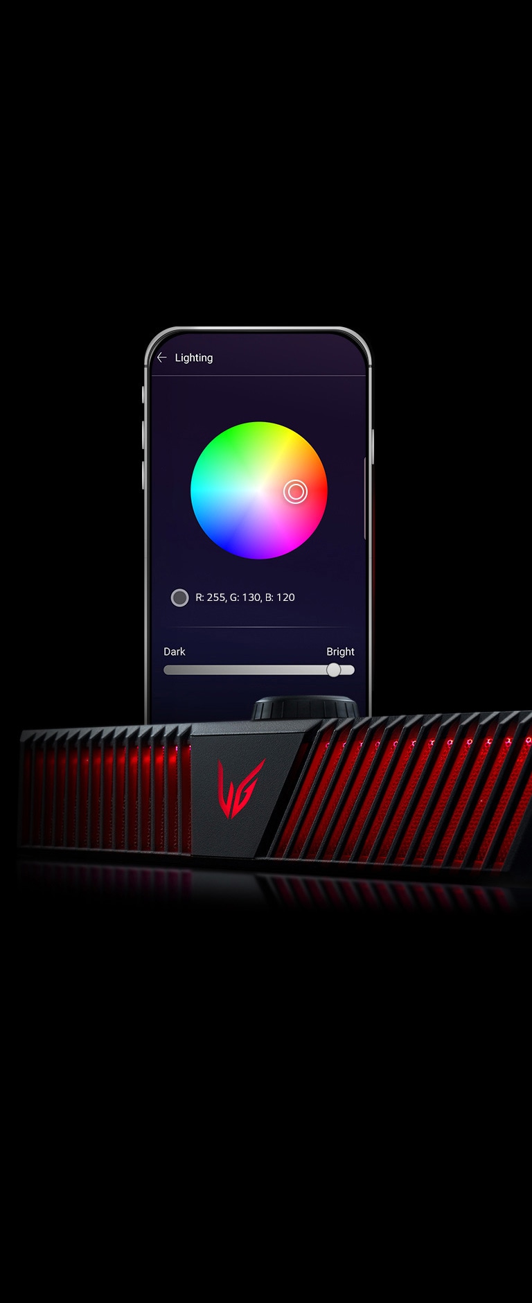 Подсветка игровой колонки LG UltraGear меняется в зависимости от выбора цвета на экране приложения