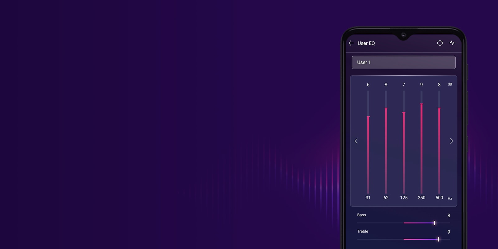 Экран мобильного телефона на фиолетовом фоне меняет положение ползунков эквалайзера в соответствии с режимом эквалайзера.