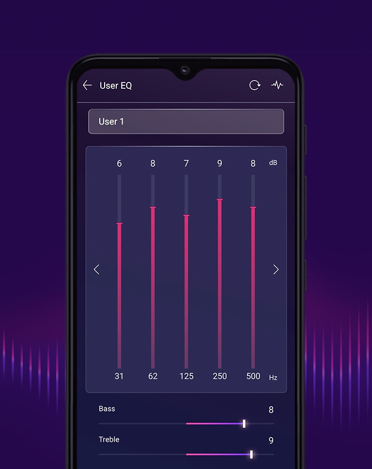 Экран мобильного телефона на фиолетовом фоне меняет положение ползунков эквалайзера в соответствии с режимом эквалайзера.