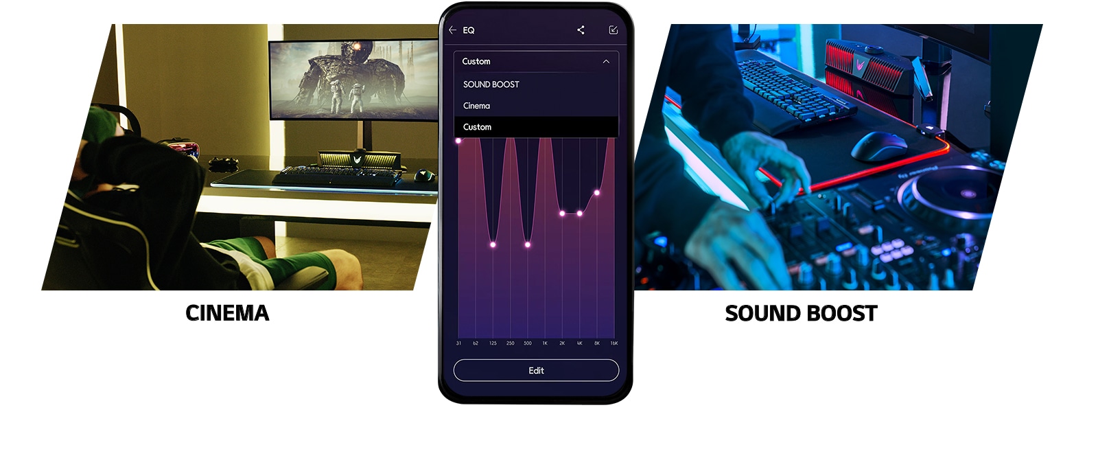 Изображение, показывающее, что мобильный телефон находится среди изображений просмотра фильма и диджеинга, а меню «Кино», «Усиление звука» и «Пользовательский» плавают на экране мобильного телефона, что упрощает изменение эквалайзера в зависимости от режима.