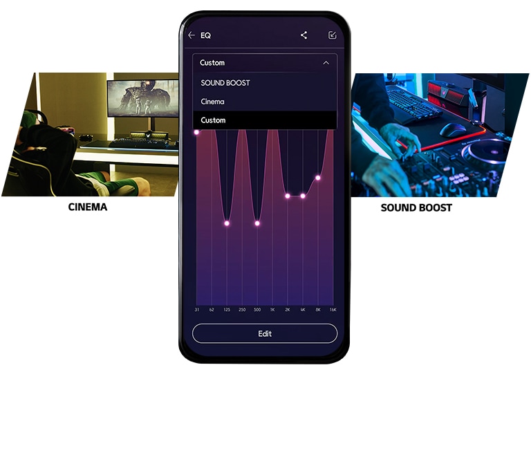 Изображение, показывающее, что мобильный телефон находится среди изображений просмотра фильма и диджеинга, а меню «Кино», «Усиление звука» и «Пользовательский» плавают на экране мобильного телефона, что упрощает изменение эквалайзера в зависимости от режима.