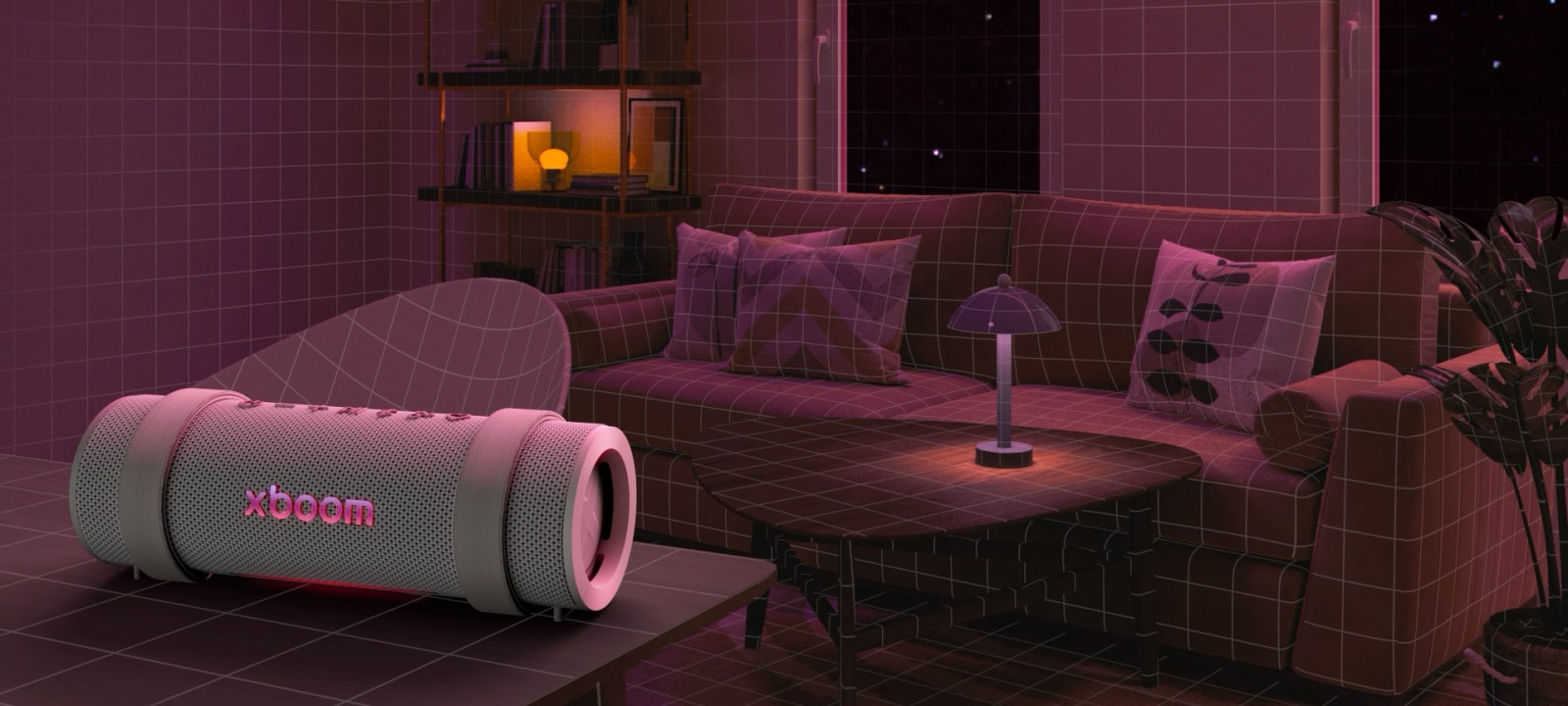 В комнате, наполненной розовым освещением, позади стоят белый диван и стол. На переднем плане xboom Grab расположен на белом прямоугольном столе.
