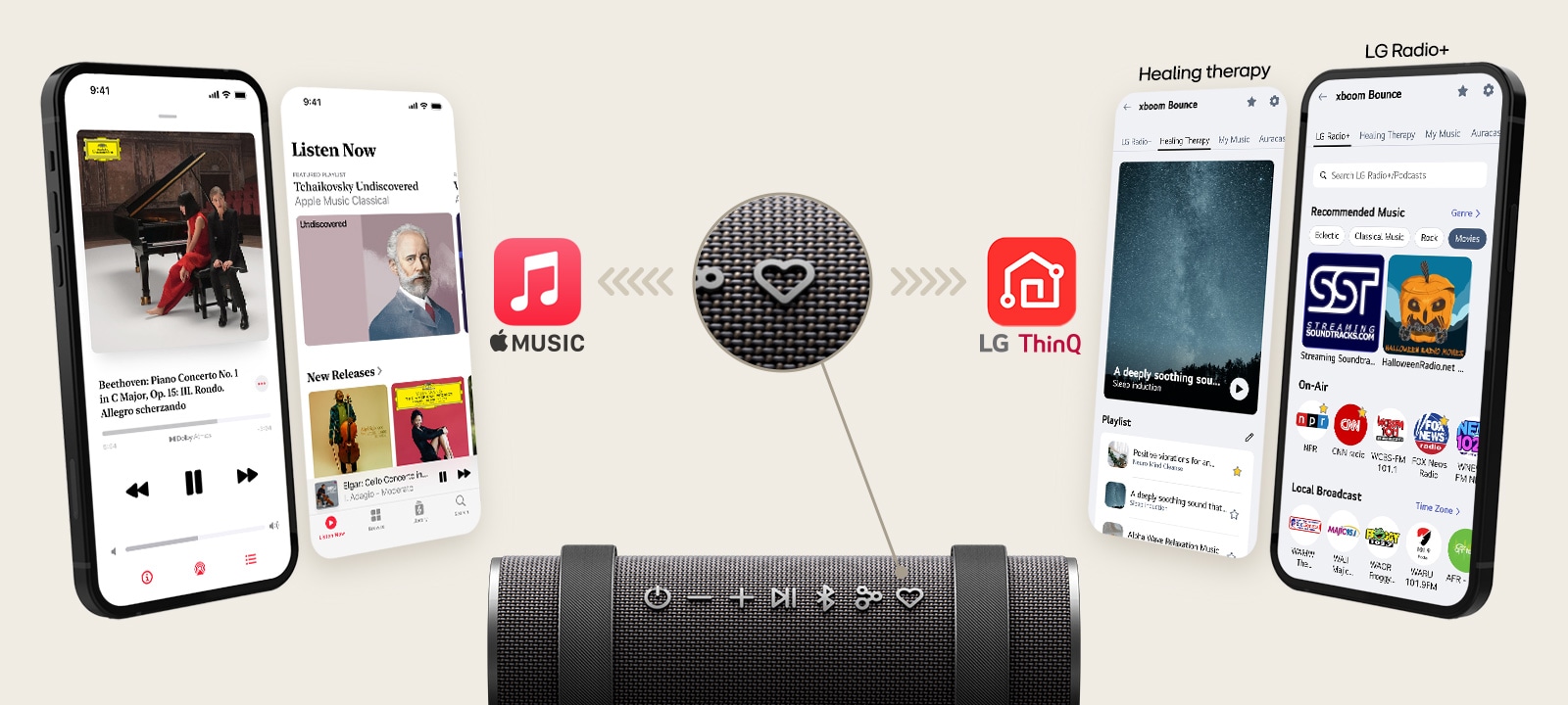 Слева и справа показаны телефон с изображением приложения и изображение виртуального приложения. Изображения и логотип приложения Apple Music находятся слева, а изображения и логотип приложения LG ThinQ — справа. Внизу показана верхняя часть xboom Bounce с выделенной надписью «My Button» (Моя кнопка).