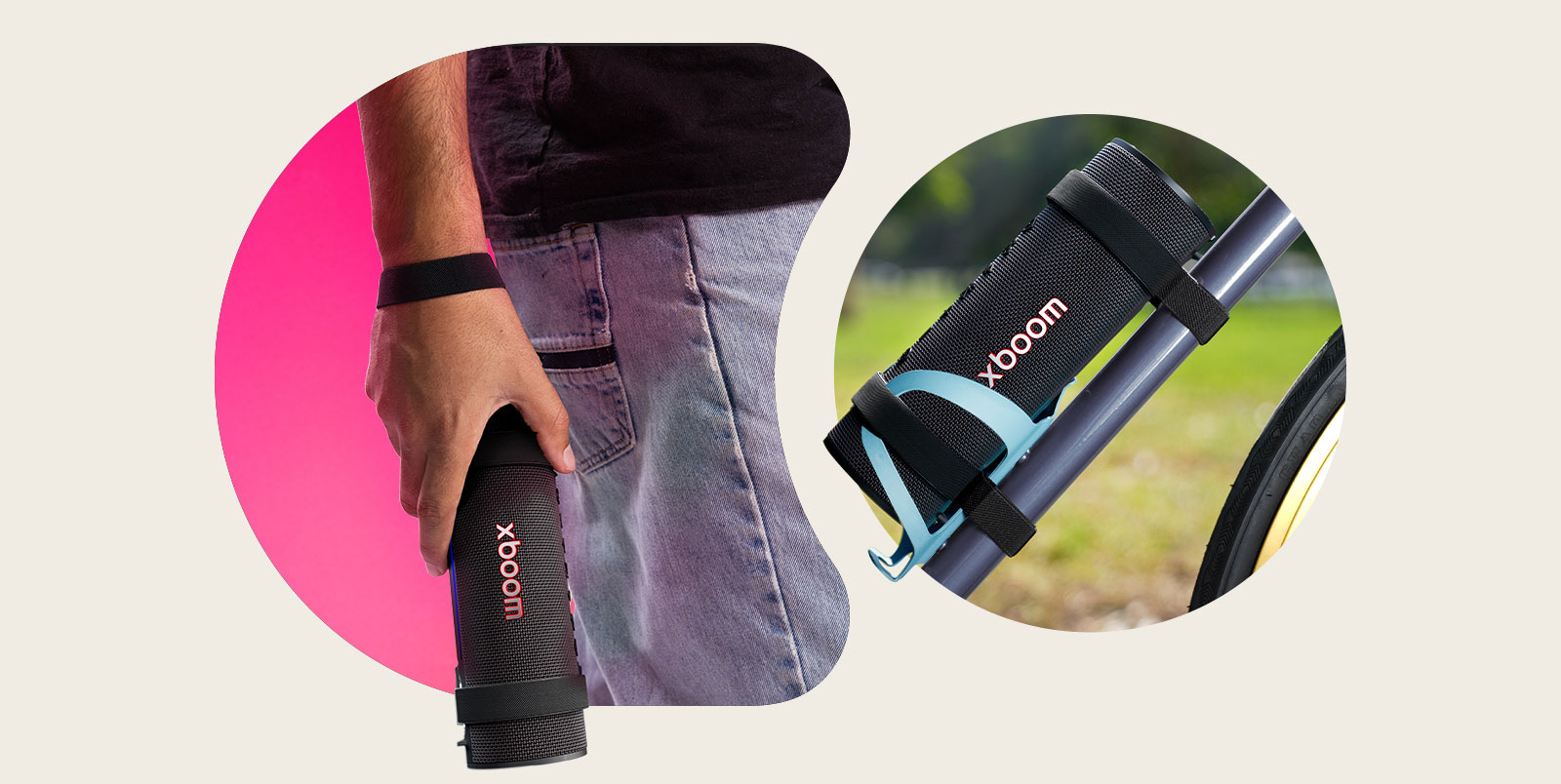 В левом верхнем углу xboom Grab удерживается за ремешок на чьем-то запястье. В правом верхнем углу xboom Grab расположен на держателе бутылки с водой на велосипеде.