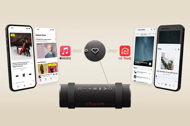 Слева и справа показаны телефон с изображением приложения и изображение виртуального приложения. Изображения и логотип приложения Apple Music находятся слева, а изображения и логотип приложения LG ThinQ — справа. Внизу показана верхняя часть xboom Bounce с выделенной надписью «My Button» (Моя кнопка).