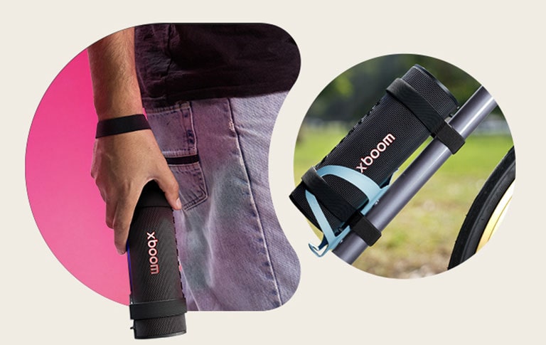 В левом верхнем углу xboom Grab удерживается за ремешок на чьем-то запястье. В правом верхнем углу xboom Grab расположен на держателе бутылки с водой на велосипеде.