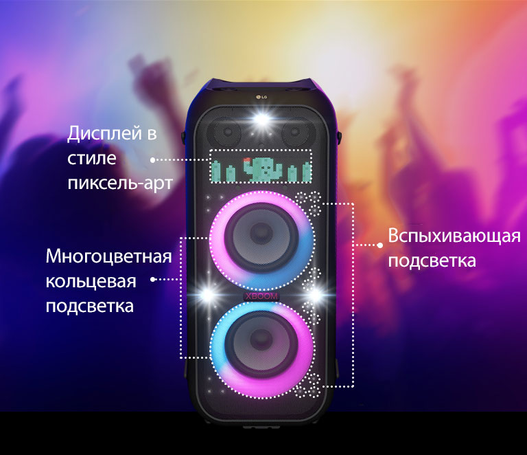 Вид спереди на колонку. Для каждой части подсветки есть своя линия. Сверху расположен дисплей в стиле пиксель-арт, на котором изображен персонаж кактуса. В центре — розовая и голубая градиентная многоцветная кольцевая подсветка. А по всей колонке распространяется вспыхивающая подсветка.