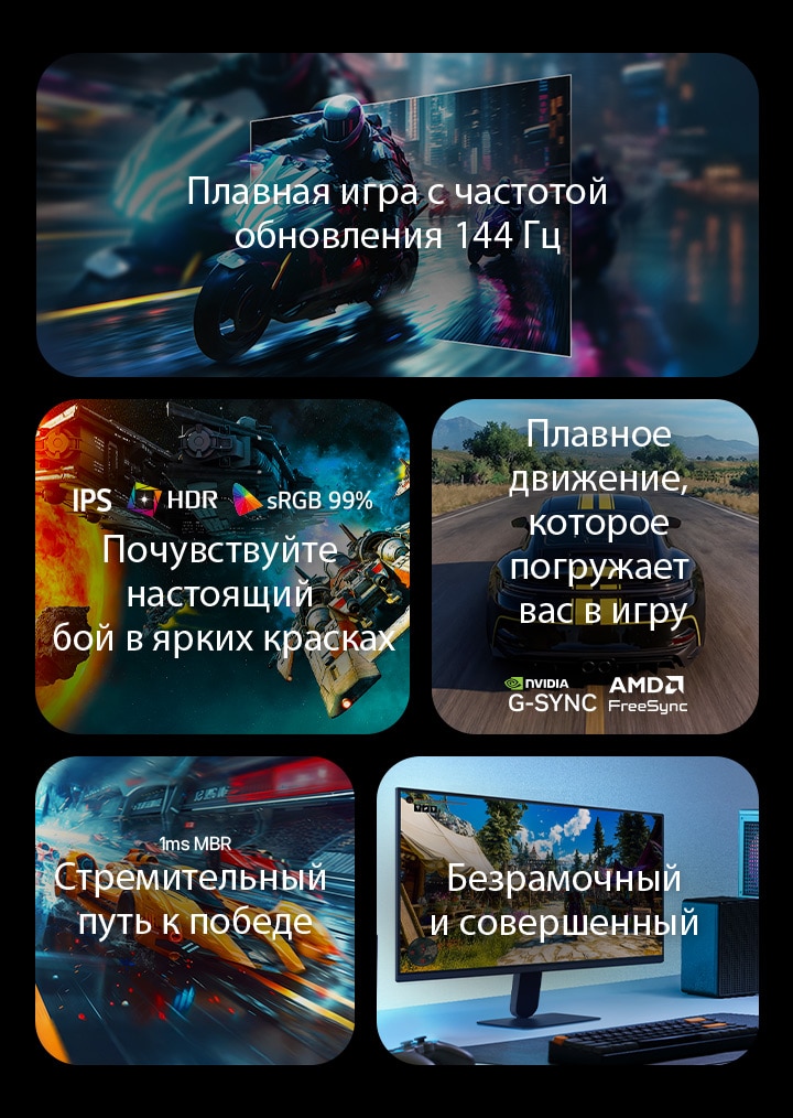 На этом изображении представлены ключевые особенности игрового монитора LG: частота обновления 144 Гц для плавности движений, дисплей IPS с поддержкой HDR10 и 99% охватом цветового пространства sRGB для яркого изображения, плавный игровой процесс с поддержкой NVIDIA G-SYNC и AMD FreeSync Premium, время отклика 1&nbsp;мс MBR (уменьшение размытия движений) для динамичных игр и практически безрамочный дизайн для эффекта погружения.