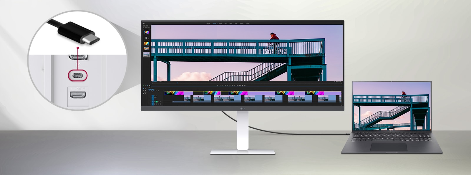 Кабель USB Type-C, подключающий ноутбук к сверхширокому монитору LG, с крупным планом, показывающим порт USB-C на задней панели монитора, и программой редактирования видео, работающей на обоих экранах.