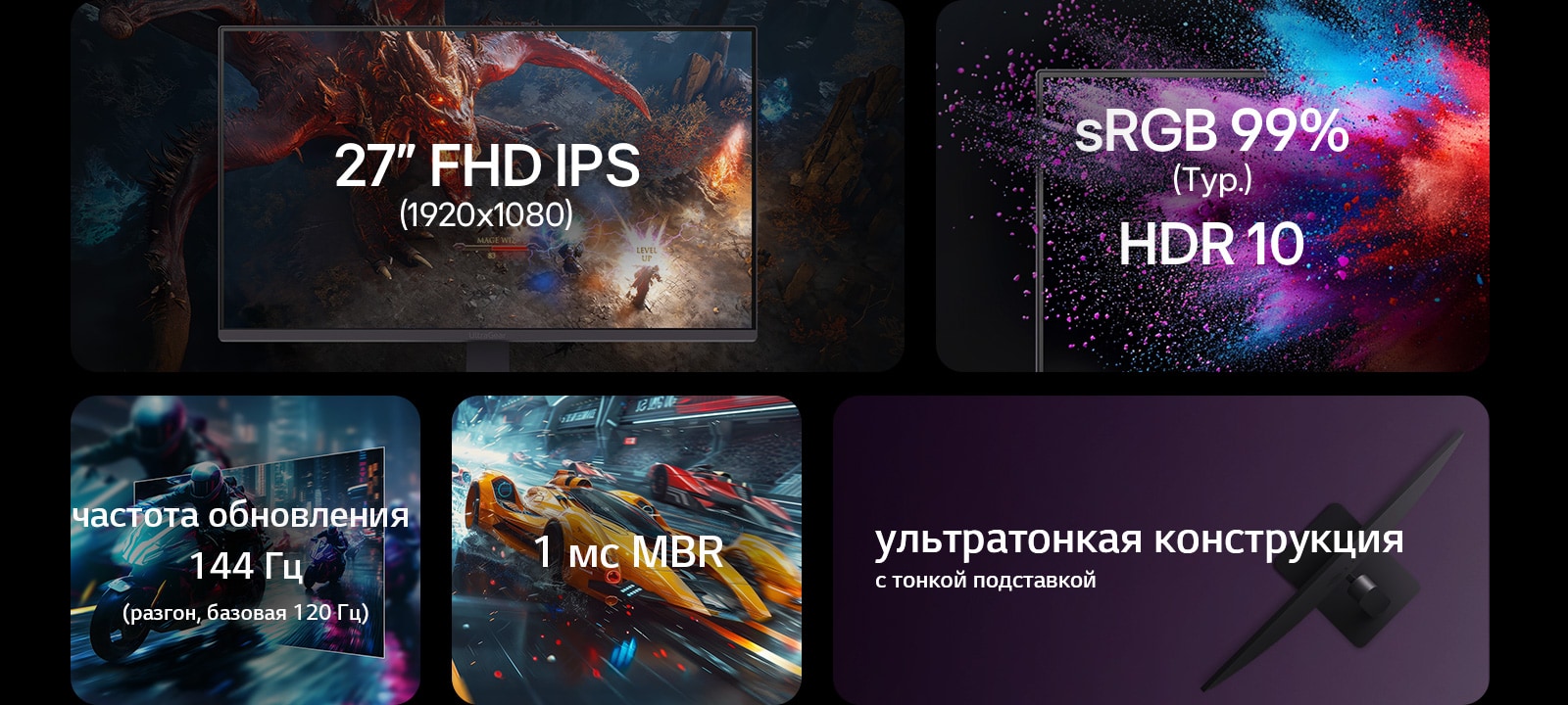 27-дюймовый монитор FHD IPS 1920x1080, sRGB 99%, HDR 10, частота обновления 144Hz (разгон, базовая 120Hz), 1ms MRB, ультратонкая конструкция