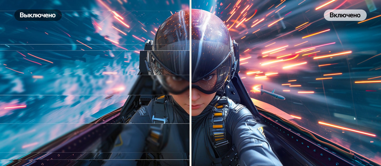 Изображение демонстрирует сравнение графики в играх: слева без синхронизации, справа с включенной синхронизацией. Слева вид с т.з. пилота из футуристического истребителя искажен разрывами изображения и дерганием, а справа та же сцена выглядит плавной и гладкой с яркими следами движения. Заголовок гласит «Сертифицировано по широко используемой технологии», подчеркивая сертификацию AMD FreeSync™ Premium и совместимость NVIDIA® G-SYNC® Compatible.