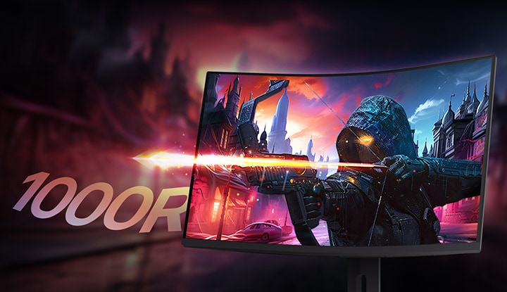 Крупный план монитора LG UltraGear™ 27G610A, на экране которого изображена сцена научно-фантастической битвы, с футуристическими космическими кораблями и гигантскими боевыми роботами. Наложенный текст акцентирует внимание на разрешении и соотношении сторон: «16:9 QHD 2560×1440.»