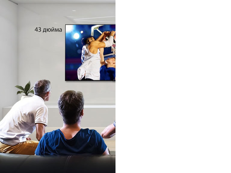 Вид сзади на четырех мужчин, смотрящих баскетбольный матч на закрепленном на стене телевизоре. Прокрутка слева направо показывает разницу в размере между 43-дюймовым и 86-дюймовым экраном.