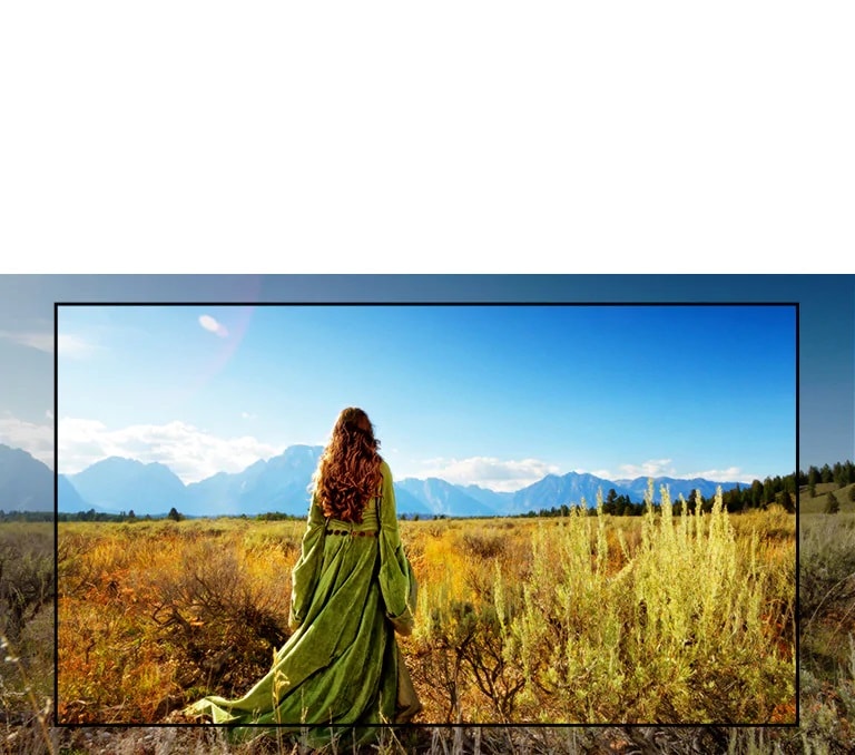 На экране телевизора показана сцена из фантастического фильма, где женщина стоит в поле лицом к горам.
