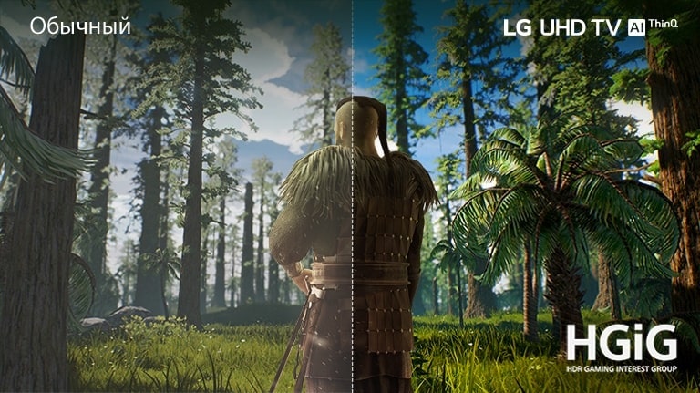 На экране телевизора показана сцена из игры, где человек стоит посреди леса. Половина картинки показана на обычном телевизоре с плохим качеством. Другая половина – четкая, живая, с качеством LG UHD.